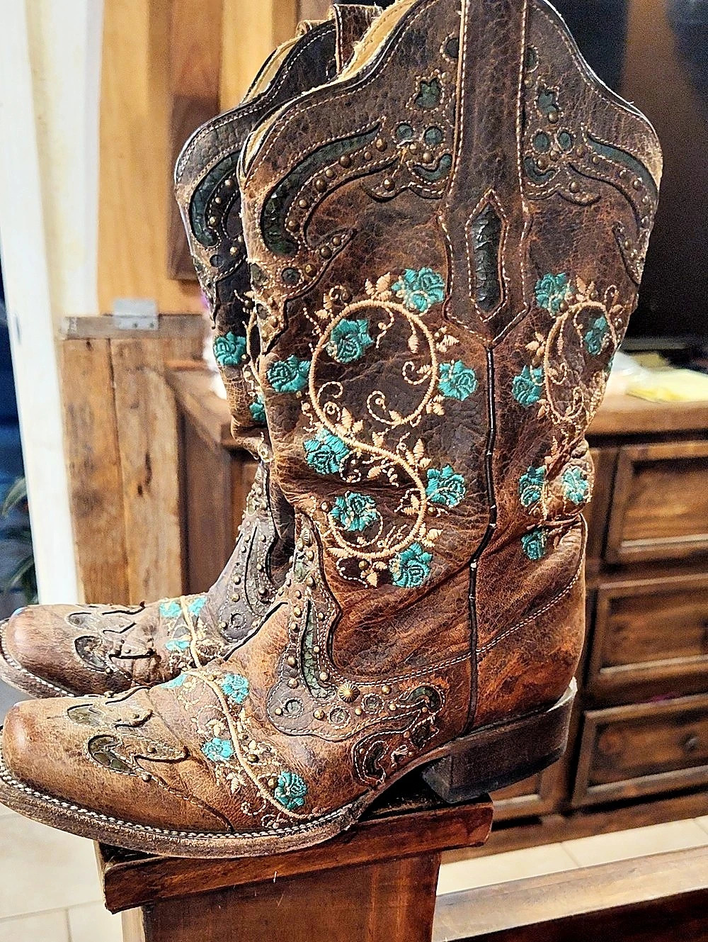 Corral Women's Turquoise & Brown Overlay Square Toe Cowgirl Boots C3768